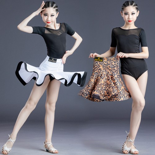 Children girls black with white leopard Latin dance dresses Children latin dance costumes skirt kids girls professional competition skirt